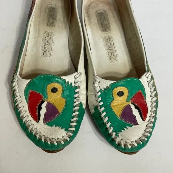 Parrot Loafers 5 Vintage Rainbow Leather Patchwork Green Hokus Pokus Bird - Picture 3 of 13